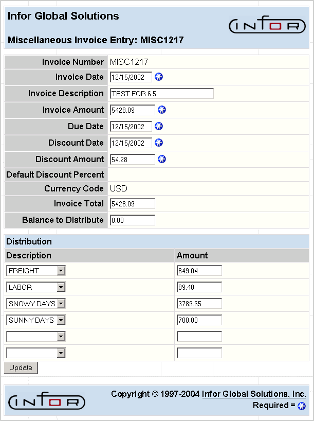 Miscellaneous Invoice Entry Display